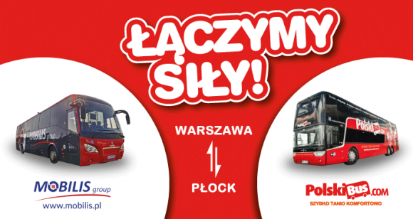 PolskiBus.com i Mobilis Group łączą siły na trasie Warszawa – Płock! Transport, BIZNES - •PolskiBus.com i Mobilis Group rozpoczynają współpracę partnerską •Współpraca z Mobilis Group na trasie Warszawa – Płock to 9 dodatkowych kursów dziennie, które doskonale uzupełniają dotychczasową ofertę 4 kursów PolskiBus.com