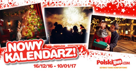 Nowy kalendarz na świąteczne podróże z PolskiBus.com! Turystyka, BIZNES - • Już dziś PolskiBus.com otwiera nowy kalendarz na podróże od 16 grudnia do 10 stycznia • Tysiące biletów w cenach rozpoczynających się od 1 zł + 1 zł opłaty za rezerwację • Dwie nowe linie i nowe miasta na trasie Warszawa – Kołobrzeg uruchomione we współpracy z Mobilis Group
